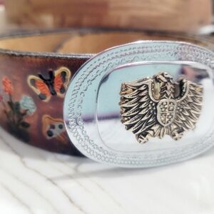 Handmade Leather Belt with Silver and Gold Buckle